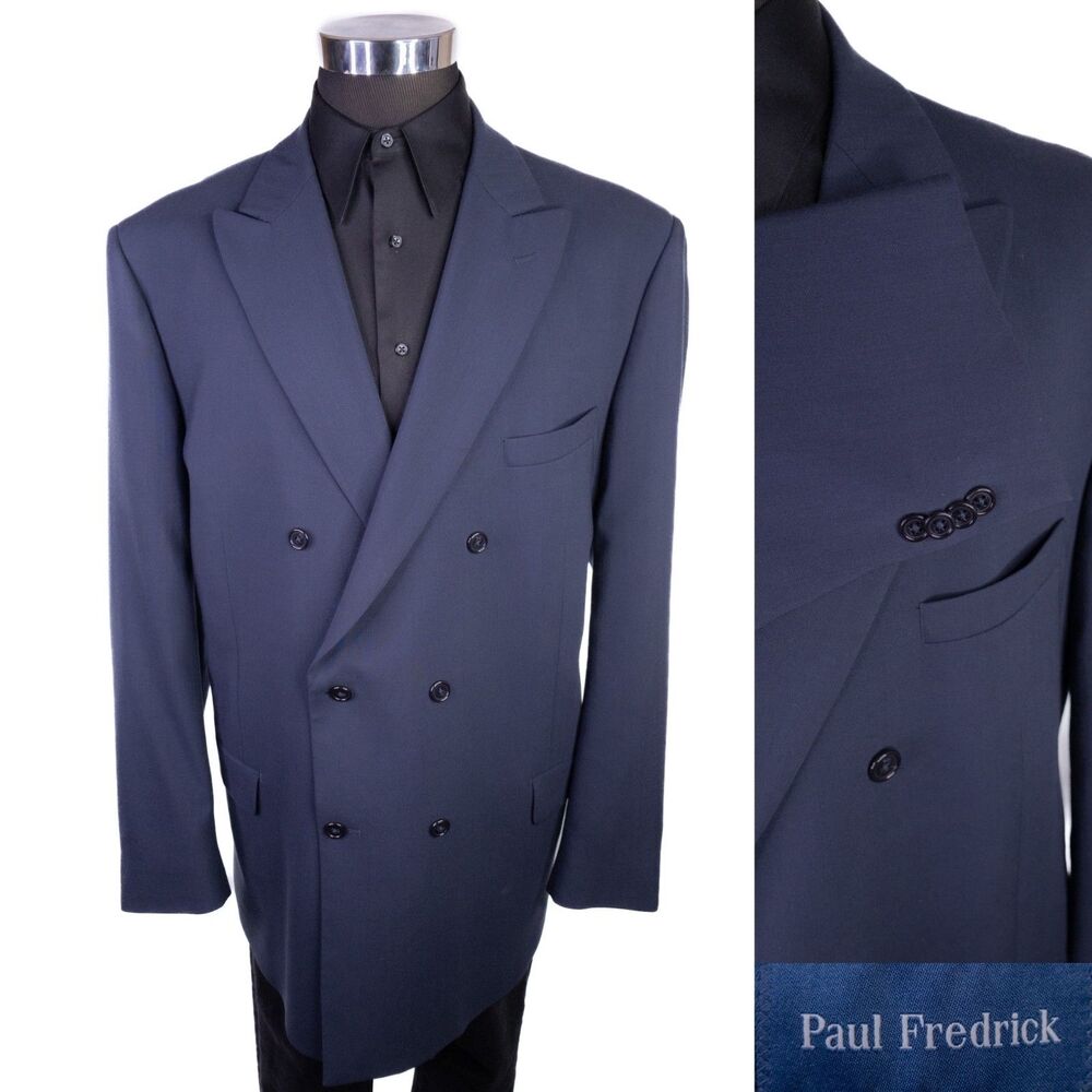 Paul Fredrick Sport Coat Blazer Sz 50L Navy Blue Double Breasted Wool Jacket